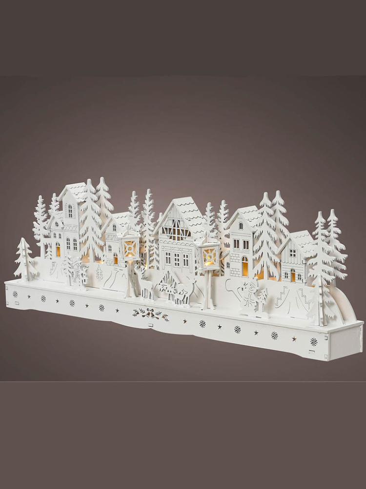 Lit Christmas Decorations | 45 x 15cm B/O White Wooden Village Scene Indoor Christmas Lights Lit Christmas Decorations