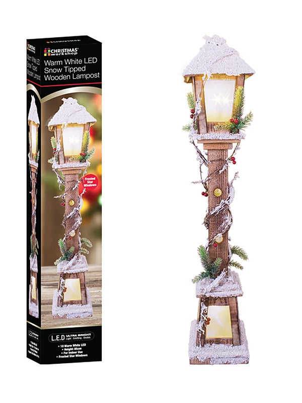 Lit Christmas Decorations | 85cm LED Snow Tipped Wood Lampost Indoor Christmas Lights Lit Christmas Decorations