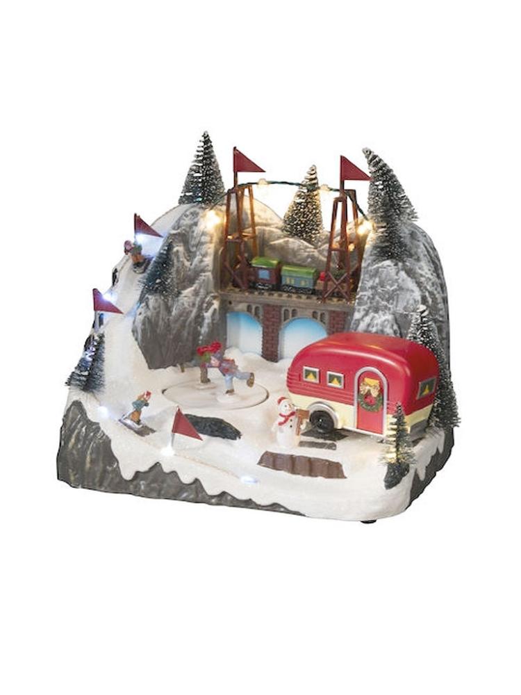 Lit Christmas Decorations | B/O Animated Ski-Slope & Caravan Scene with LEDs & Music Indoor Christmas Lights Lit Christmas Decorations