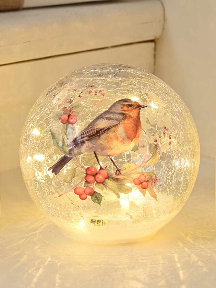 Lit Christmas Decorations | B/O Crackle Effect Robin Branch Ball Indoor Christmas Lights Lit Christmas Decorations