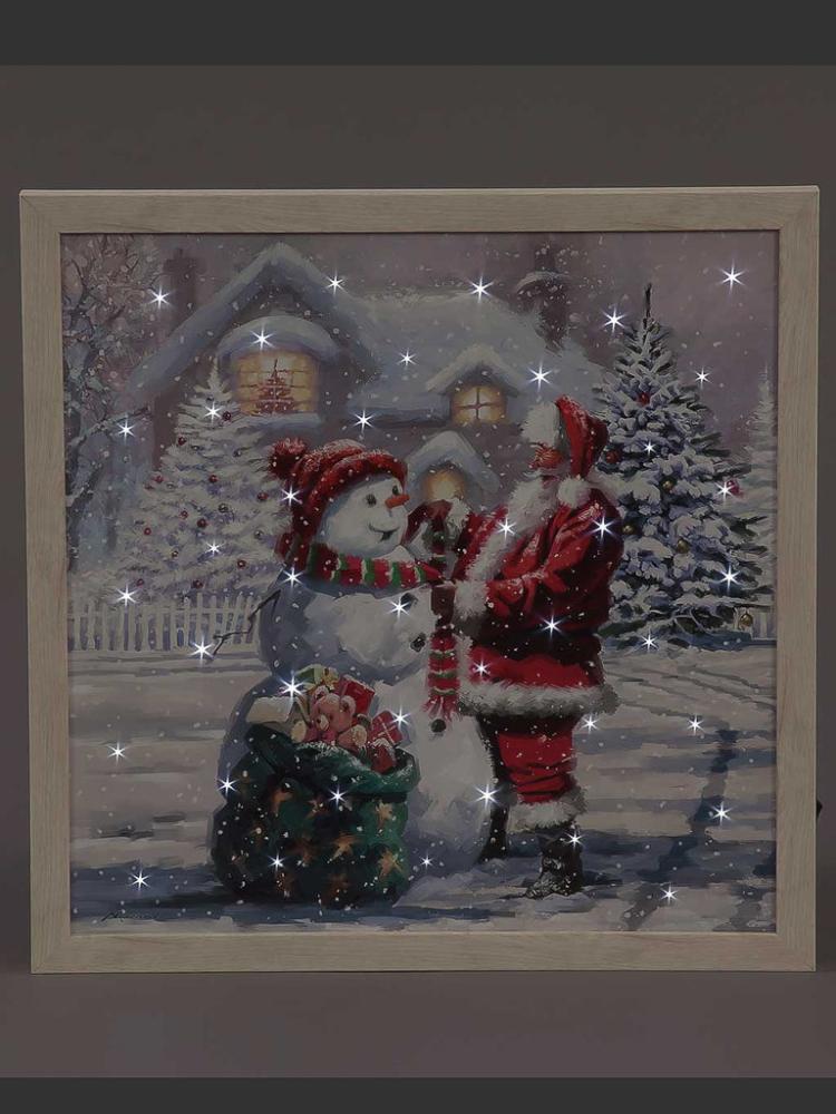 Lit Christmas Decorations | B/O Fibre Optic 40x40cm Framed Canvas – Santa & Snowman Indoor Christmas Lights Lit Christmas Decorations