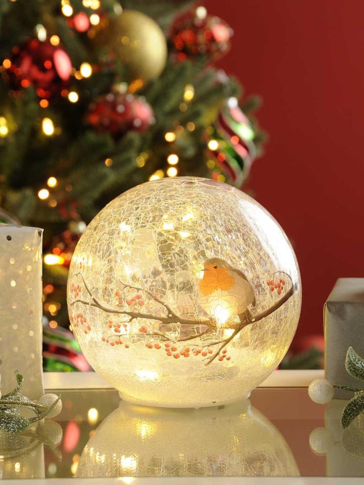 Lit Christmas Decorations | B/O Twinkling Crackle Effect Robin Ball Indoor Christmas Lights Lit Christmas Decorations