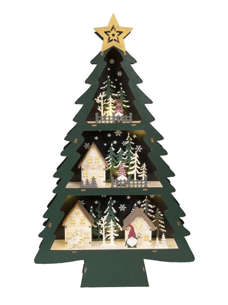 Lit Christmas Decorations | B/O Wood Christmas Tree Scene with 10 Warm White LEDs Indoor Christmas Lights Lit Christmas Decorations