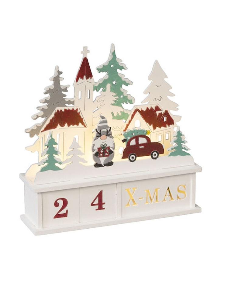 Lit Christmas Decorations | B/O Wooden Calendar with Santa & 4 LEDs Indoor Christmas Lights Lit Christmas Decorations