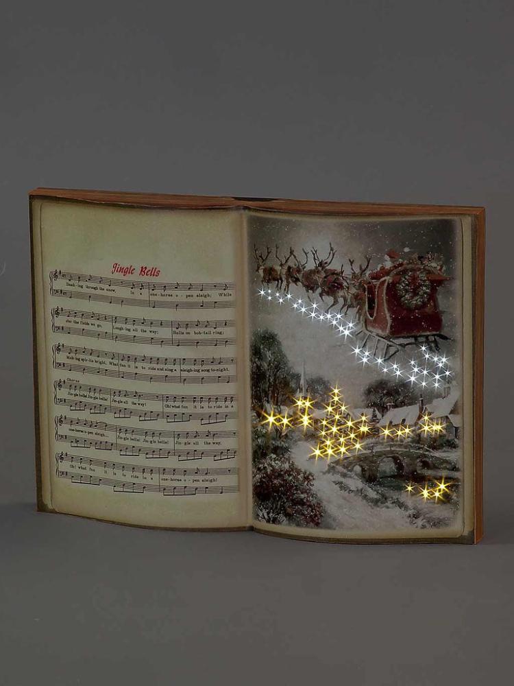 Lit Christmas Decorations | Fibre Optic 35 x 25cm Book Canvas w/Music & Santa’s Sleigh Flying Indoor Christmas Lights Lit Christmas Decorations