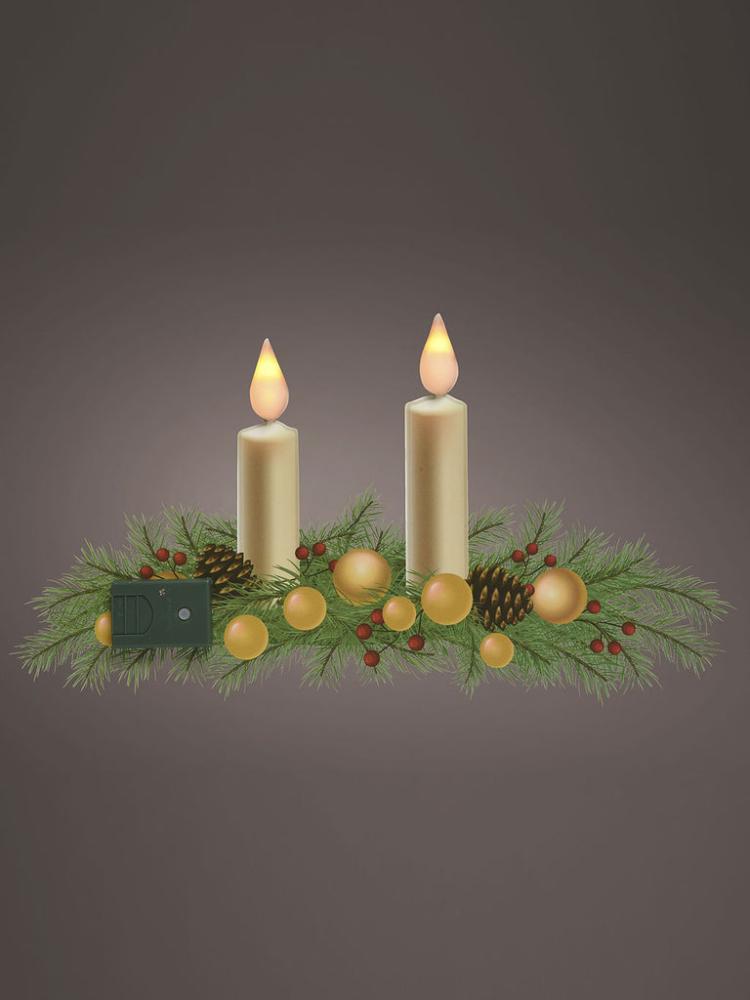 Lit Christmas Decorations | LED Window Decoration – Wreath with Two Candles Fire Flame Effect Indoor Christmas Lights Lit Christmas Decorations