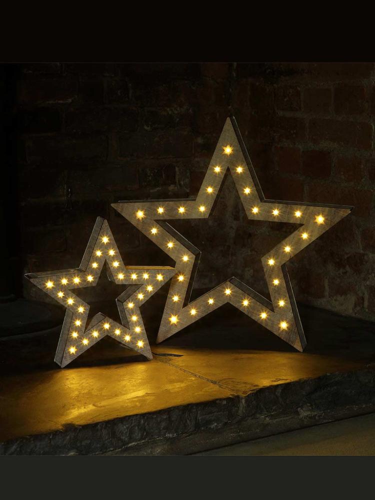 Lit Christmas Decorations | Set of 2 Lit Rustic Wooden Stars Indoor Christmas Lights Lit Christmas Decorations