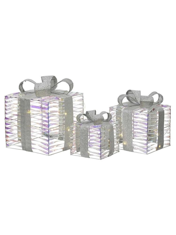 Lit Christmas Decorations | Set of 3 B/O Iridescent Micro LED Giftbox Indoor Christmas Lights Lit Christmas Decorations