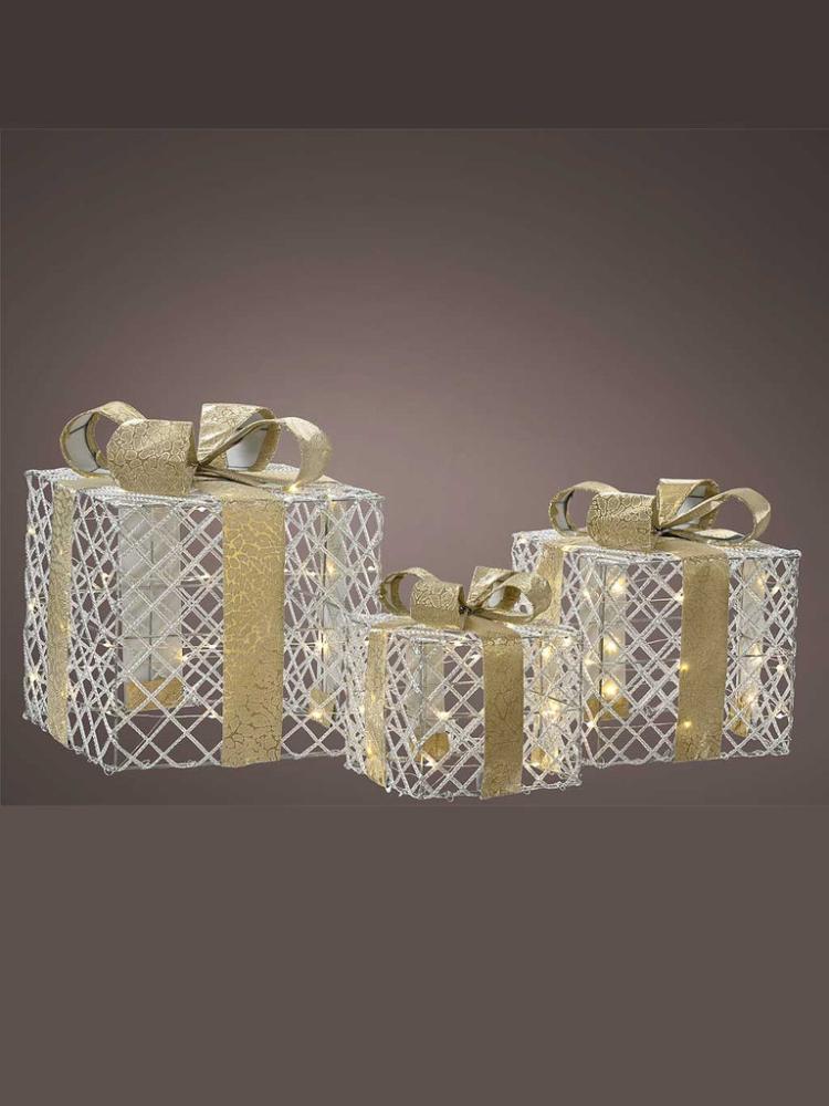 Lit Christmas Decorations | Set of 3 B/O Micro LED Silver Giftbox with Gold Bow Indoor Christmas Lights Lit Christmas Decorations