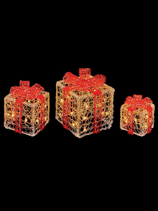 Lit Christmas Parcels | 3pc Acrylic Clear-Red Parcels with Warm White LEDs Indoor Christmas Lights Lit Christmas Parcels