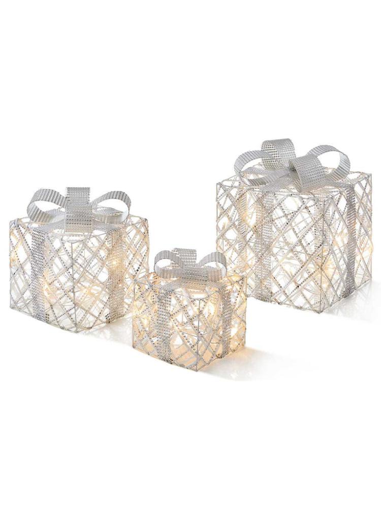 Lit Christmas Parcels | 3pc Silver Beaded Parcels with Detachable Bow & 40 Warm White Led Indoor Christmas Lights Lit Christmas Parcels