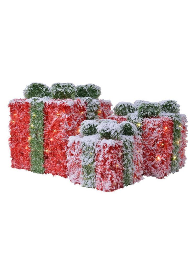 Lit Christmas Parcels | Set of 3 Battery Operated LED Red and Green Tinsel Giftbox with Snowy Finish Indoor Christmas Lights Lit Christmas Parcels