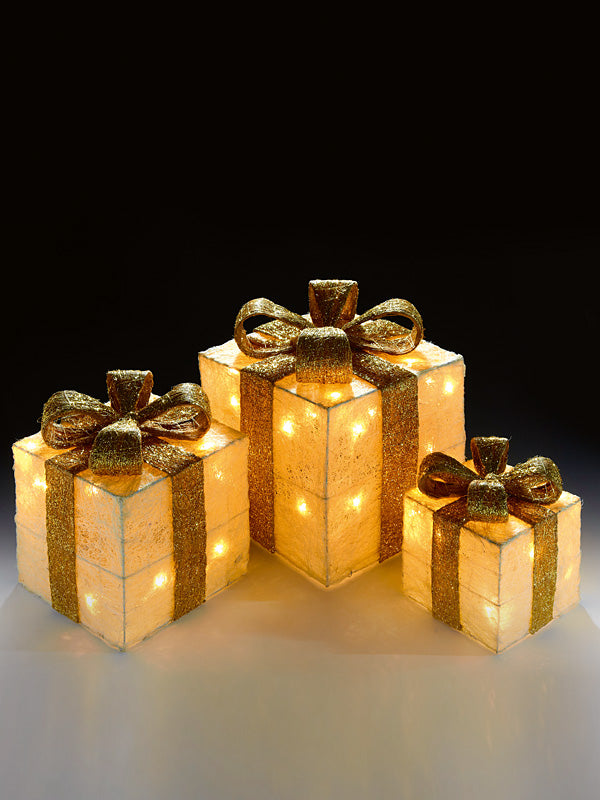 Lit Christmas Parcels | Set of 3 Pre-Lit Christmas Parcels – Cream with Gold Ribbon Indoor Christmas Lights Lit Christmas Parcels