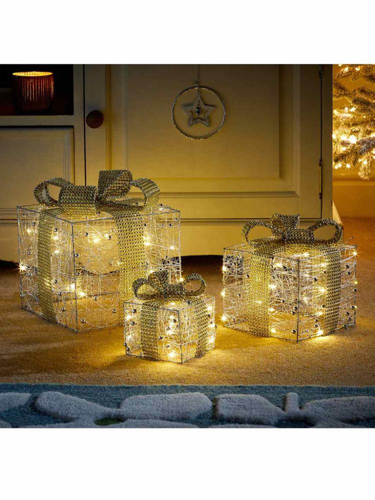 Lit Christmas Parcels | Set of 3 Siver-Gilt Sparkly Faux Gift Boxes Indoor Christmas Lights Lit Christmas Parcels