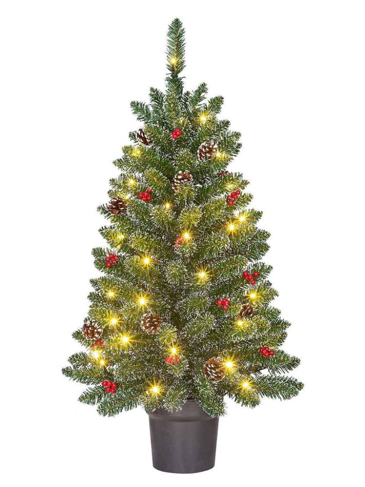 Mini Christmas Trees | 90cm (3ft) B/O Frosted Creston Potted Christmas Tree with 40 Warm White LEDs Artificial Christmas Trees Mini Christmas Trees