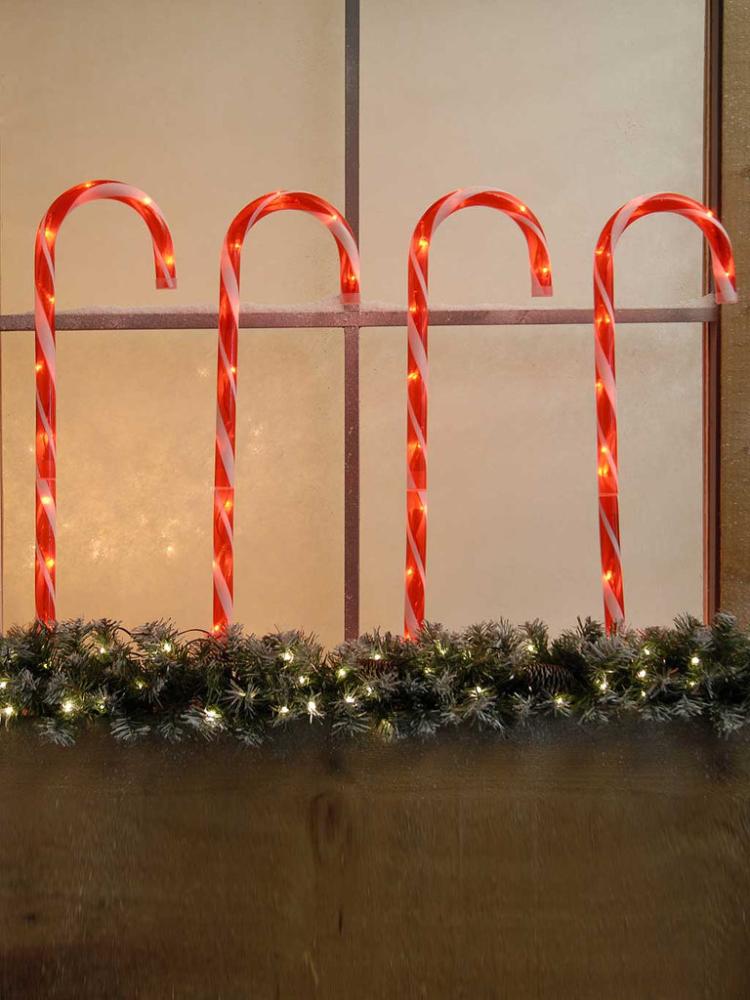 Path Lights | Set of 4 x 62cm Lit Candy Cane Stake Outdoor Christmas Lights Path Lights