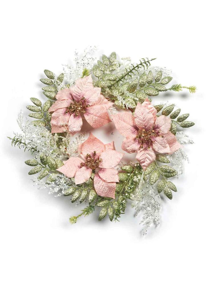 Christmas Wreaths | 50cm Crystal Eucalyptus Wreath with Pink Poinsettia Christmas Wreaths Christmas Wreaths