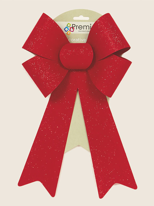 Ribbons & Bows | 36cm x 23cm PVC Red Velvet Bow With Red Glitter Christmas Decorations Ribbons & Bows