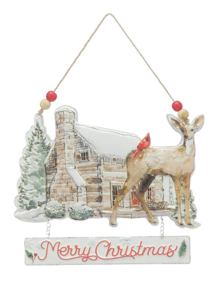 Room Decorations | 24cm Metal House Scene with Merry Christmas Sign Christmas Decorations Room Decorations