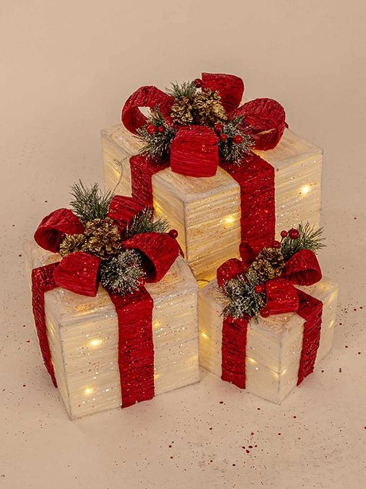 Lit Christmas Parcels | Set of 3 LED Gift Parcels with Red Bow Indoor Christmas Lights Lit Christmas Parcels